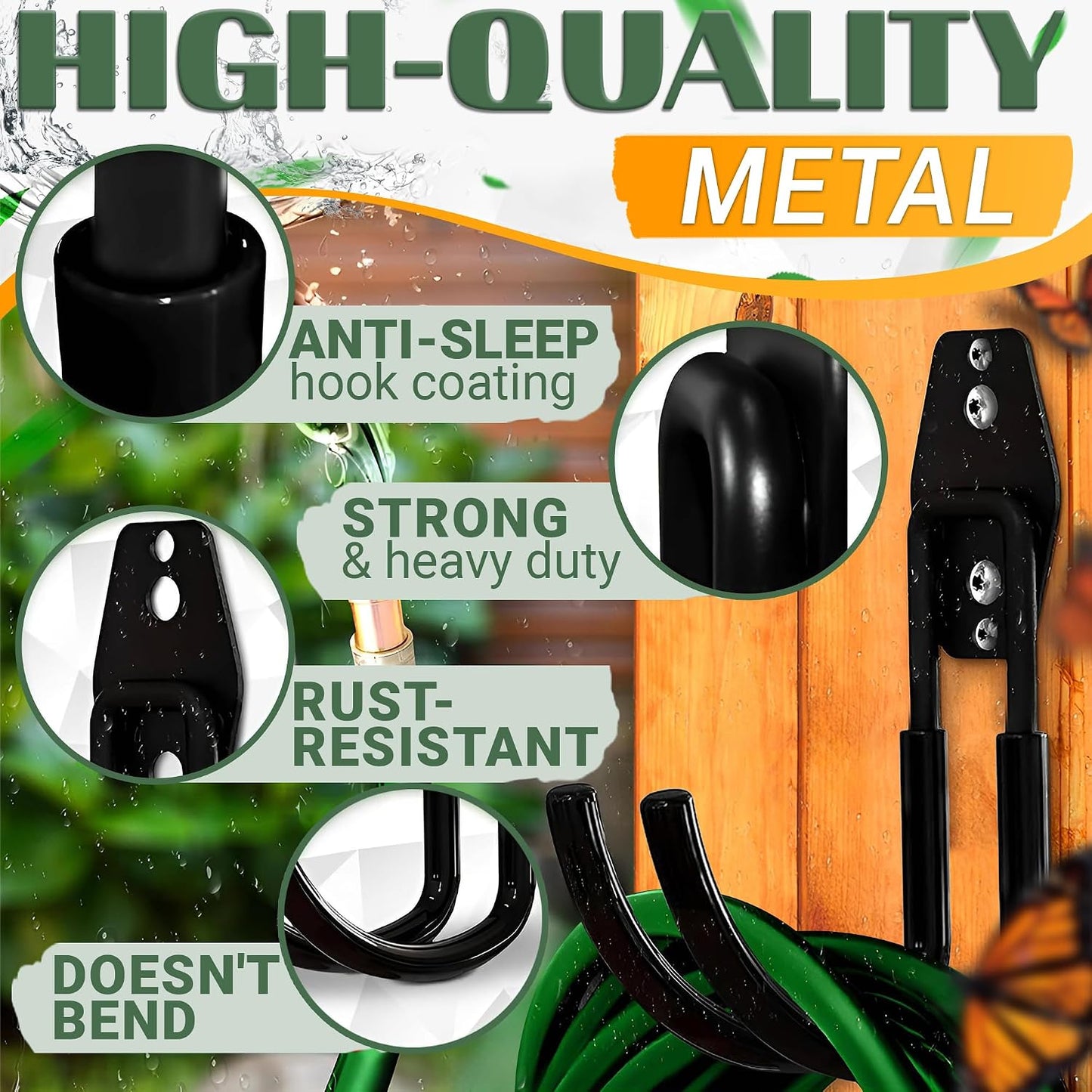 Garden Hose Hook for Outside with Heavy-Duty Steel Construction - Anti-Slip Coating, Holds Up to 66 lbs of Hoses, Cords, and Tools - Hose Hanger Wall Mount for Yard, Garage, Pool Deck, or Fence Post