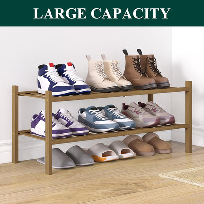 Smiry Bamboo Shoe Rack for Closet, 3 Tier Wooden Shoe Organizer, Stackable Wood Shoe Storage Shelf for Entryway, 14 Vertical Slats, One-piece Heavy-Duty Legs, 26.77"x11.02"x18.31", Natural
