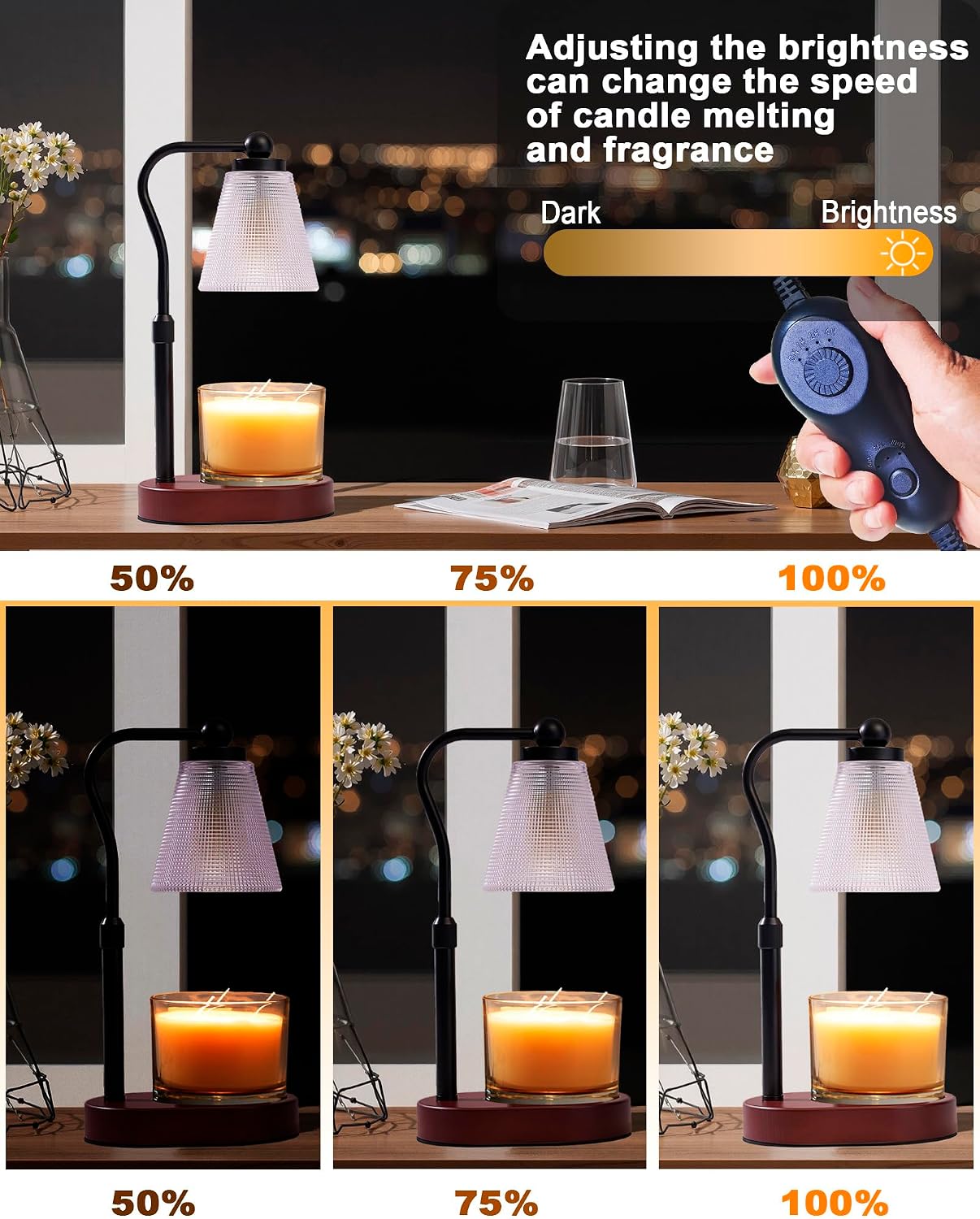 Candle Warmer Lamp with Timer - Adjustable Height & Brightness - Wood Base Glass Shade - 2 Bulbs Included(Square Gold)