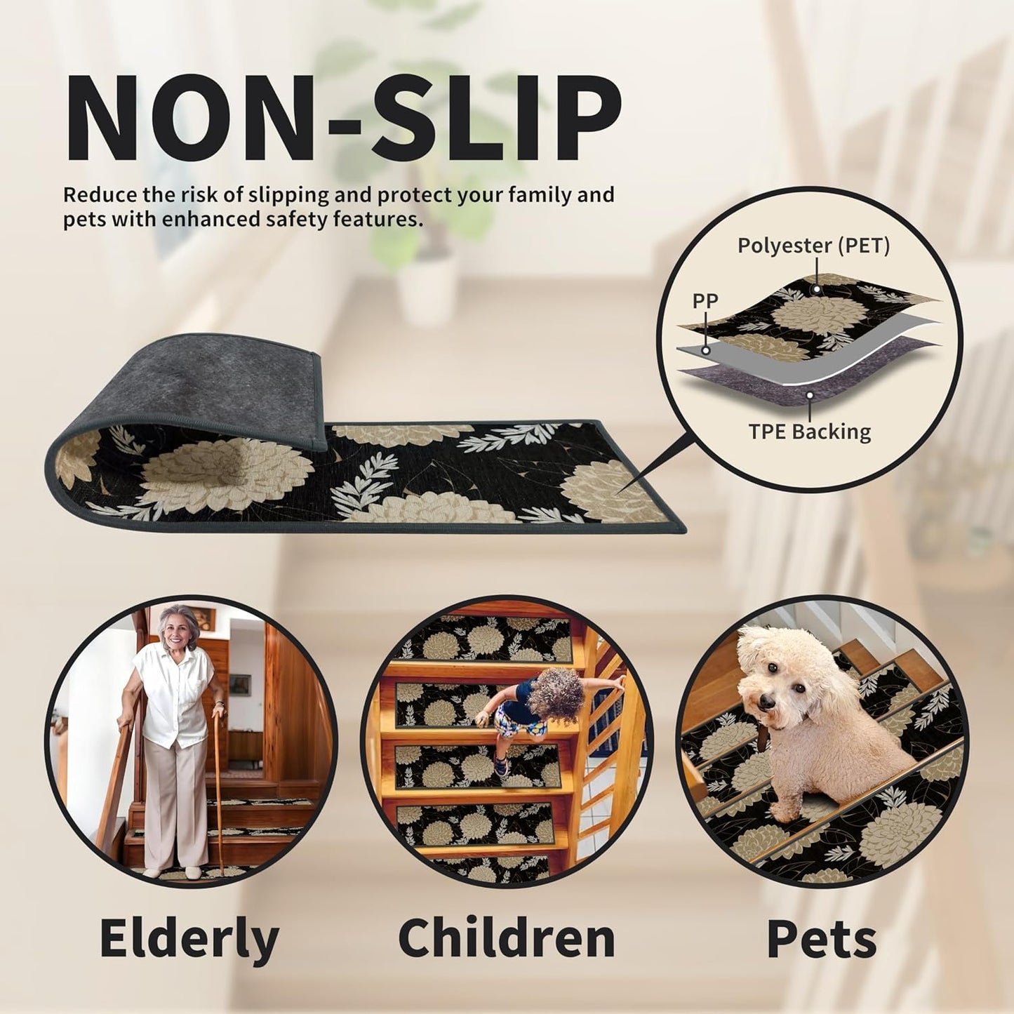 Non-Slip Carpet Stair Treads 15PCS, 8"x30" Peel and Stick Stair Runner for Wooden Steps Indoor, Washable Reusable Adhesive Backing, Pet-Friendly Safety Mats for Kids, Elders, Dogs