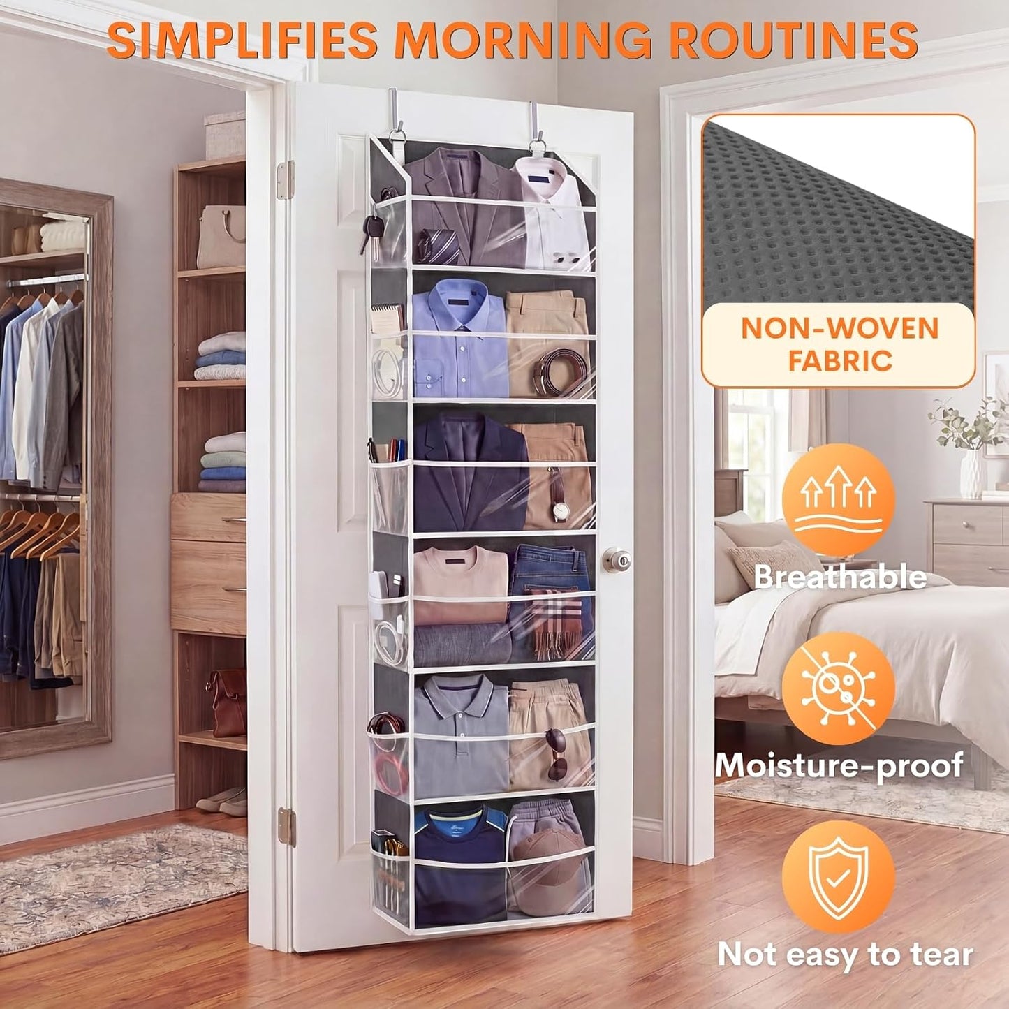 Over The Door Organizer, 5-Tier Extra Large Behind Door Storage with 10 Big Front & 10 Mesh Pockets, 80lb Capacity, Hanging Storage Organizer with Clear Window Kids Toys, Shoes, Diapers, Light Grey