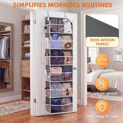 Over The Door Organizer, 5-Tier Extra Large Behind Door Storage with 10 Big Front & 10 Mesh Pockets, 80lb Capacity, Hanging Storage Organizer with Clear Window Kids Toys, Shoes, Diapers, Light Grey