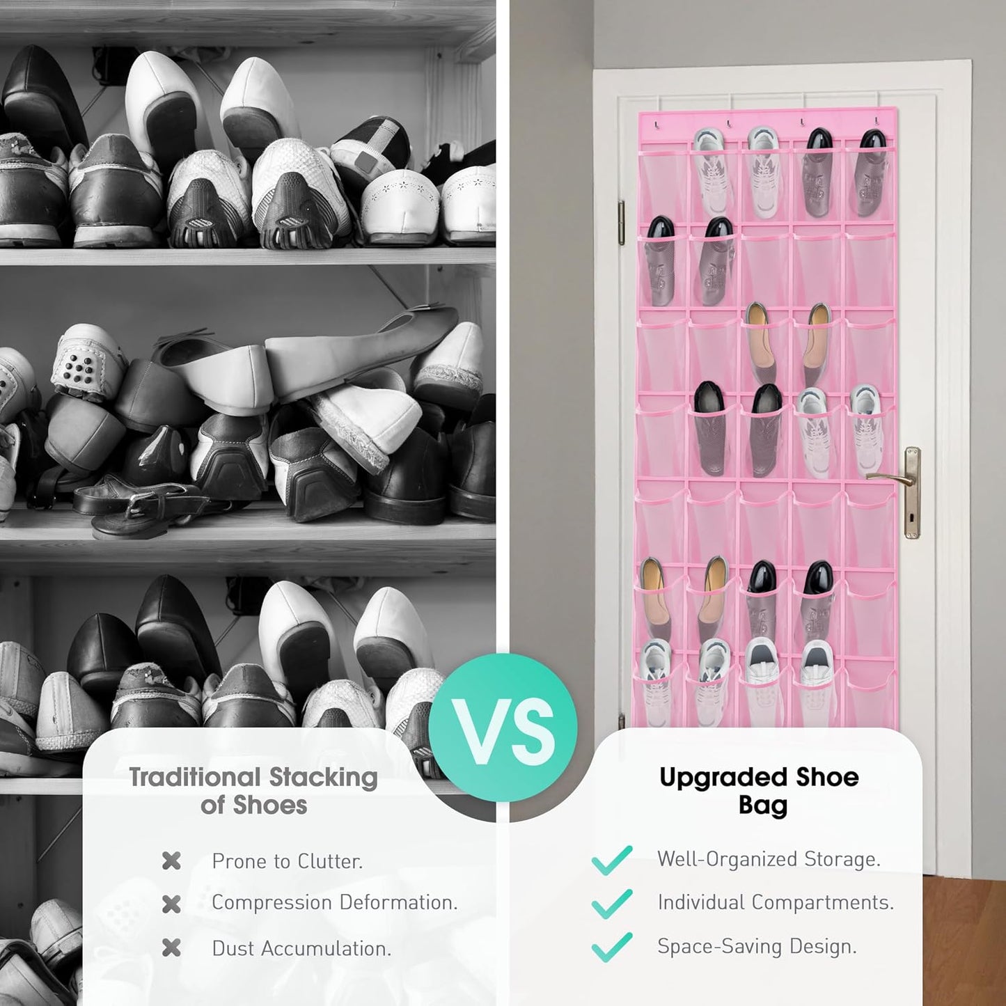 WVM Over the Door Shoe Organizer with 35 Breathable Mesh Pockets, Hanging Shoe Organizer for Door with 4 Metal Hooks, Large Capacity Closet Storage for Shoes, Accessories, Grey