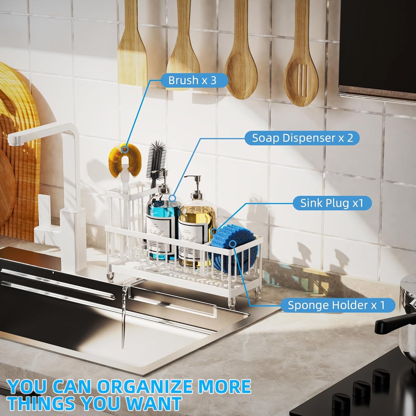Moforoco Extra Large Sponge Holder for Kitchen Sink Organizer Caddy, Dish Brush Scrubber Holder,Stainless Steel Sink Box Utensil Holder,Soap Dispenser Set Tray Counter Accessories & Storage Rack