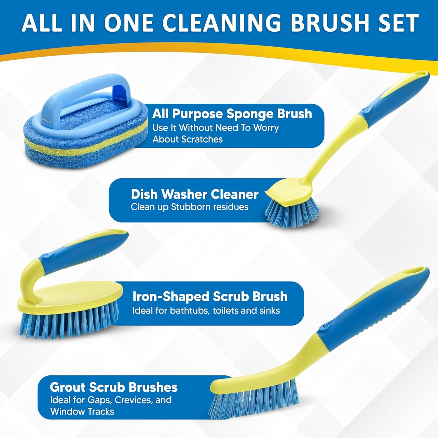 Tile Tub Scrubber Brush with 5 Different Function Cleaning Heads and 51" Extendable Long Handle Non Scratch Shower Scrubber for Cleaning Bathroom Kitchen Toilet Wall Bathtub