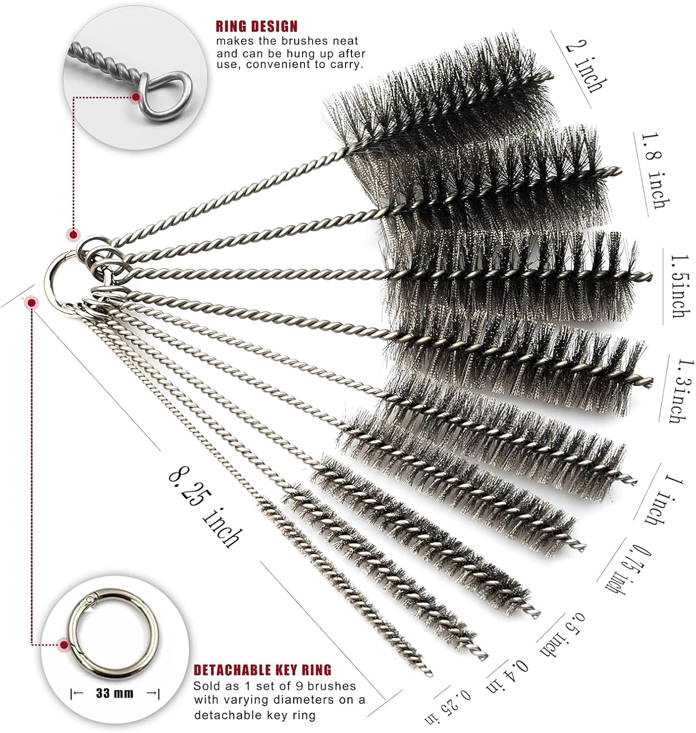 16 Inch Extra Long Pipe Cleaning Brush Set Stainless Steel Bristles, Stainless Steel Pipe Brush Steel Bottle Brush 8 Piece Variety Pack for Auto Parts, Bottles,Tubes, Etc.