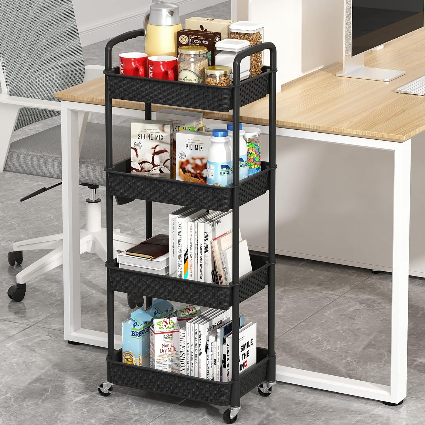 MOYIPIN 3-Tier Plastic Rolling Utility Cart with Handle,Utility Storage Cart for Office, Living Room, Kitchen,Movable Storage Organizer Shelves,White