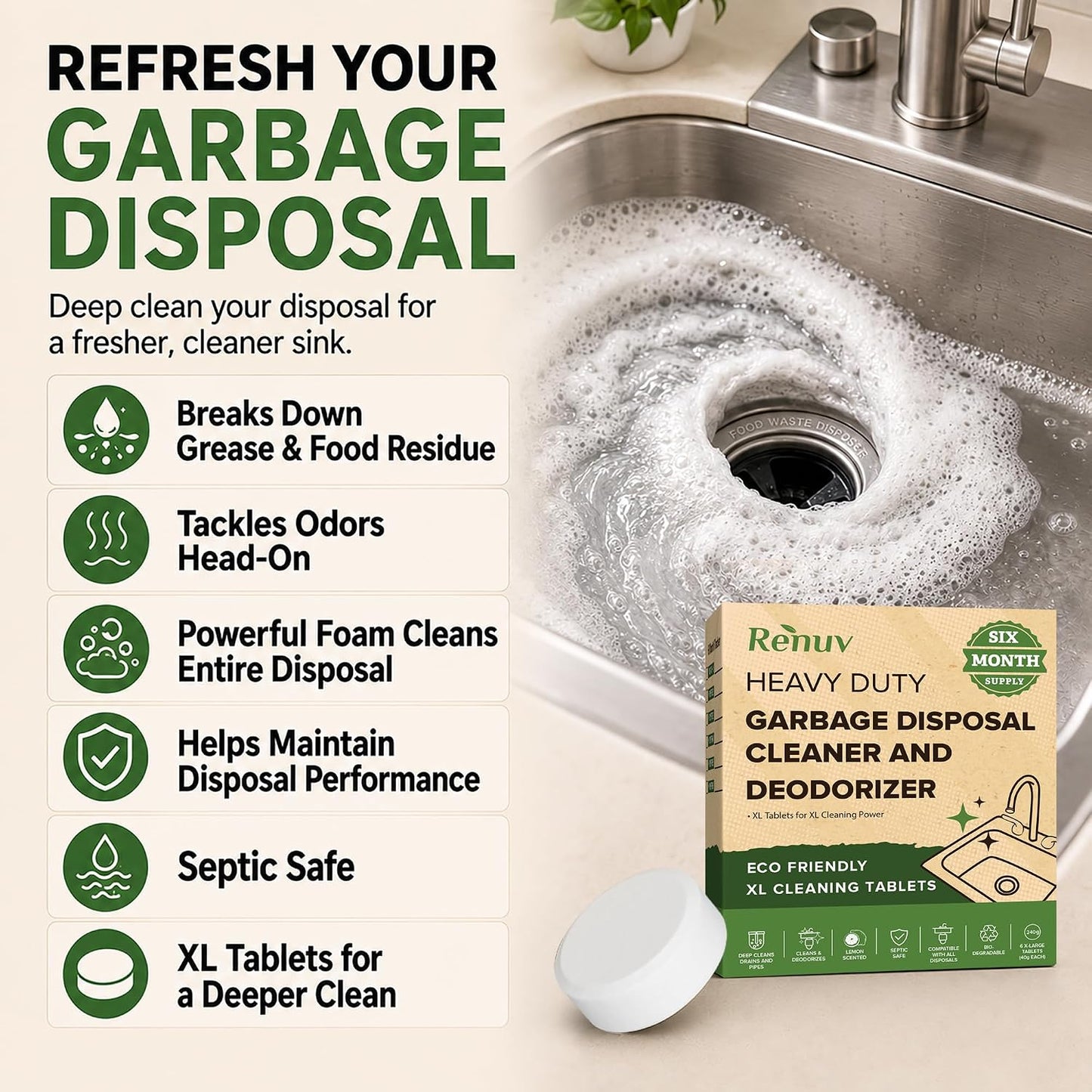 Renuv® Garbage Disposal Cleaner & Deodorizer Tablets, 12 XL Tablets | Foaming Citrus Scent, Drain Freshener, Kitchen Sink Odor Refresher For Garbage Disposer Cleaning