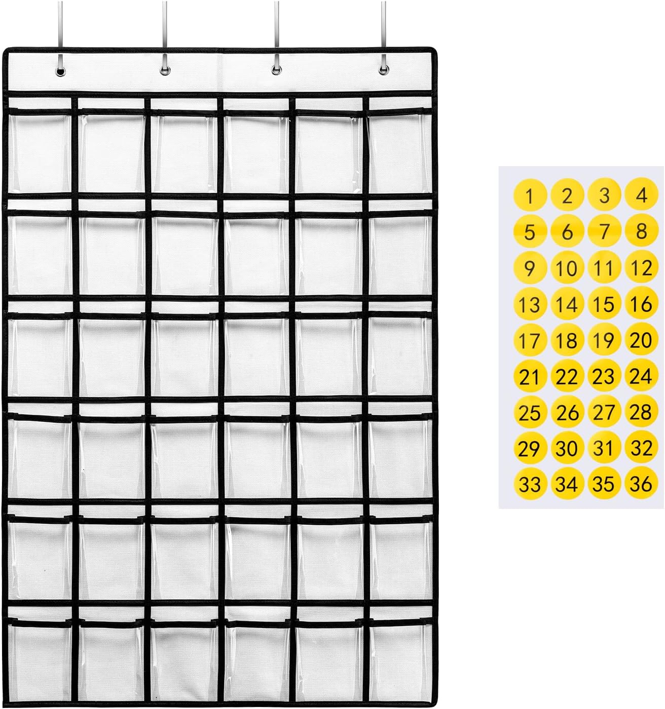 SAVERHO 36 Clear Pockets Classroom Pocket Chart for Cell Phone and Calculator Holder, Door Hanging Pocket Chart for Classroom Phone Holder with Number Sticker and Hooks (Blue)