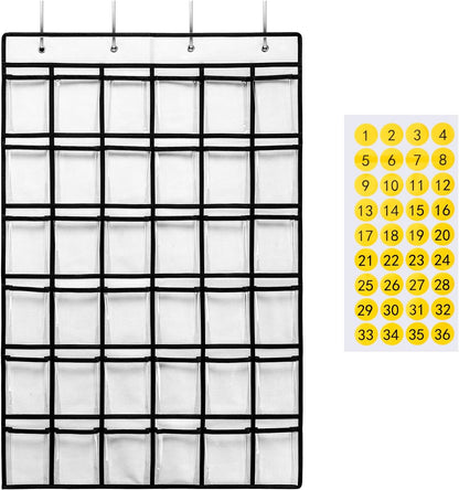 SAVERHO 36 Clear Pockets Classroom Pocket Chart for Cell Phone and Calculator Holder, Door Hanging Pocket Chart for Classroom Phone Holder with Number Sticker and Hooks (Blue)