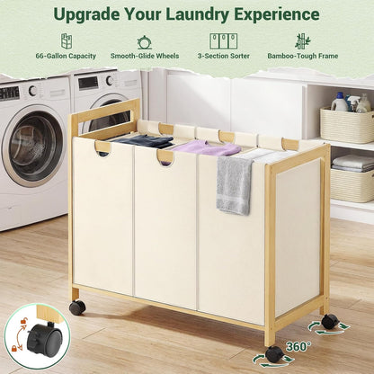 Homykic 250L Laundry Sorter Cart with Wheels, 3-Section Rolling Laundry Basket with Removable Bags, 66 Gal Large Laundry Hamper Organizer, Heavy Duty Bamboo Frame, Water-Resistant, Black