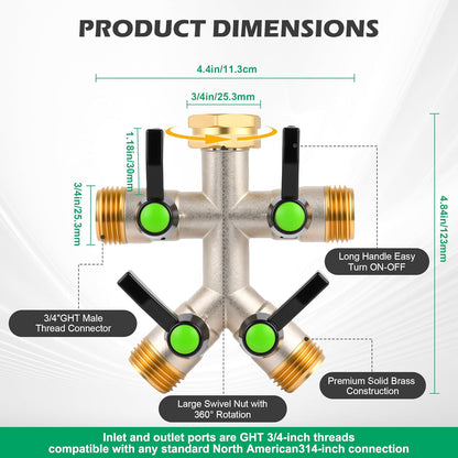 Love Is War 2 Way Garden Hose Splitter, 3/4" GHT Thread Brass Faucet Splitter with Long Easy-Turn Handles, Outdoor Water Connector for Lawn Irrigation