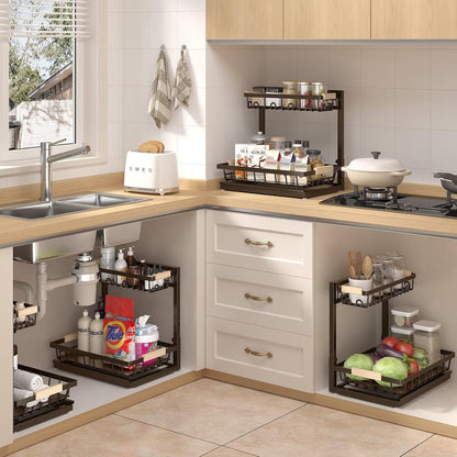 Sevenblue 2-Pack 2-Tier Height Adjustable Under Sink Organizer & Storage | Multi-purpose storage for kitchen & bathroom cabinet. Large black shelf, height adjustable design for space-saving.