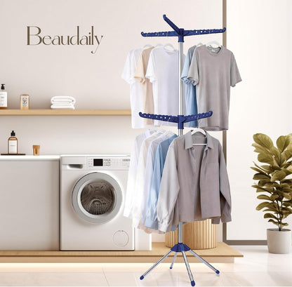Beaudaily Clothes Drying Rack, Foldable 79.5-Inch Laundry Drying Rack,3 Tie, with Rotatable Arms, Stainless Steel, Holds 27 Clothes,8 Towels and 24 Clips for Hanging Socks, White and Silver
