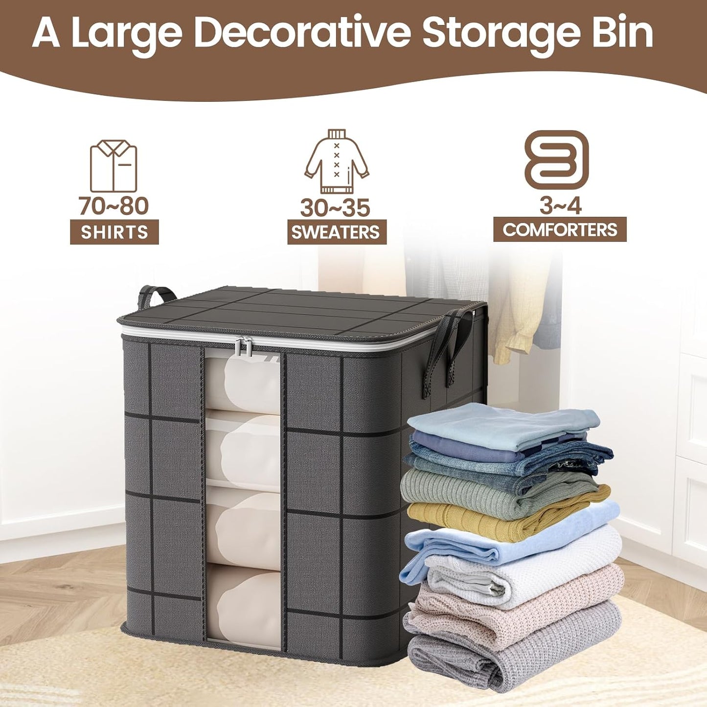 3 Pack 100 L Black Clothes Storage Bags, Collapsible Closet Organizers | Tear-Resistant, Large Storage Bins with Reinforced Handles, Heavy-Duty Storage Totes for Clothes Comforter Blanket Pillow