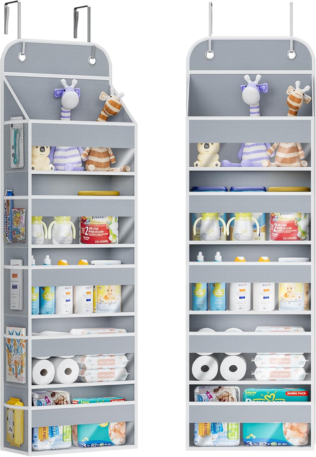 COOLBEBE 2-Pack over the Door Organizer, 5-Tier Hanging Storage with Clear Windows & Mesh Side Pockets, Heavy-Duty Nursery Closet Organizer for Baby Essentials, Bathroom, Bedroom, Grey