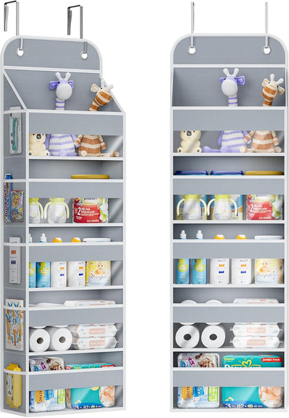 COOLBEBE 2-Pack over the Door Organizer, 5-Tier Hanging Storage with Clear Windows & Mesh Side Pockets, Heavy-Duty Nursery Closet Organizer for Baby Essentials, Bathroom, Bedroom, Grey