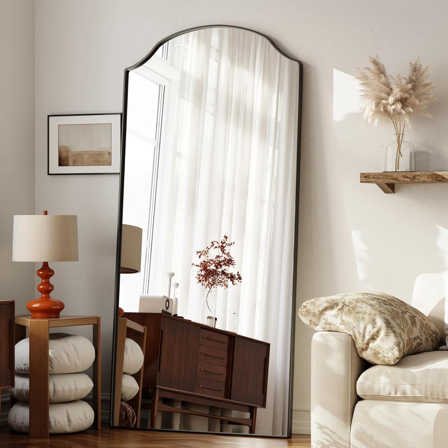 VooBang Triple-Arched Mirror Full Length, 65" x 24" Floor Mirror with Stand, Matte Aluminum Alloy Frame Full Body Mirror, Standing Hanging or Leaning for Bedroom and Living Room, Black