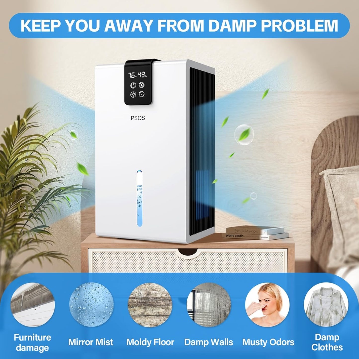 PSOS Dehumidifier, Dehumidifiers for Home, 98 OZ Water Tank, (1000 sq.ft) Quiet Dehumidifier for Bathroom Basement Bedroom with Humidity Display, Relaxing 7 Color Ambient Light, Auto Shut Off(White)