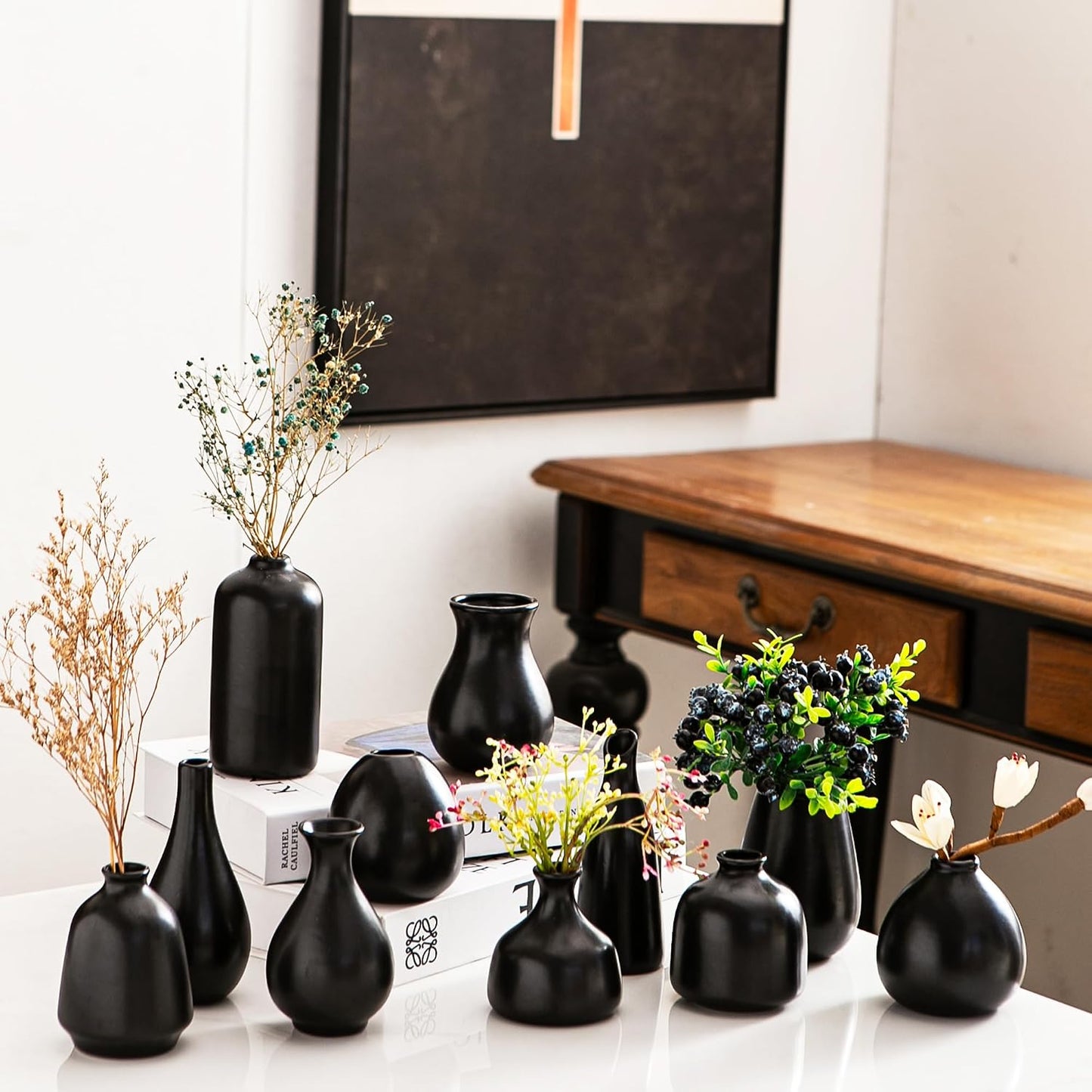 Small Ceramic Vase Set of 5, Modern White Vase, Bud Vase, Boho Decorative Vase for Fireplace, Entryway and Living Room, Centerpiece Table Decorations