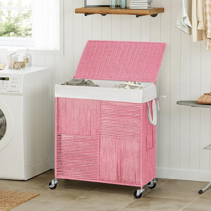 WOWLIVE Double Laundry Hamper with Lid, Handwoven Rolling Laundry Basket with Wheels, 115L Dirty Clothes Hamper with Removable Liner Bag Large Capacity Laundry Sorter Laundry Room Organization,Natural
