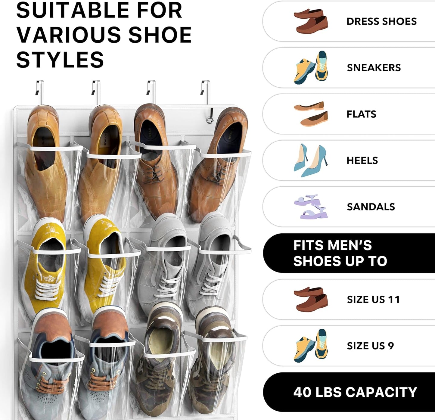 Simple Houseware 24 Pockets - Crystal Clear Over The Door Hanging Shoe Organizer, Gray (64'' x 19'')