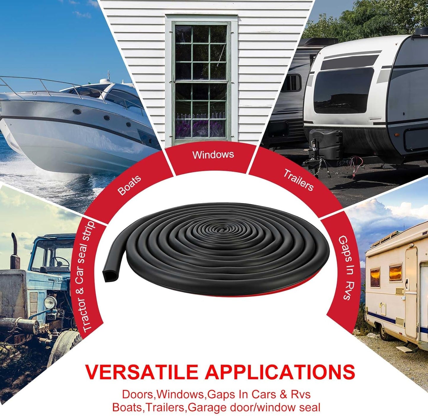 Pangda 10Ft D Shape Rubber Weather Stripping Foam Self-Adhesive EPDM Door Seal Strip for Noise Reduction Waterproof Dustproof for Cars Boats Truck RVs Windows Doors (3/4" W × 3/4" H)