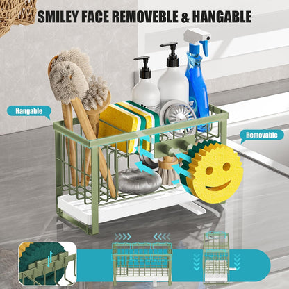Sponge Holder for Kitchen Sink,Smiley Face Sink Caddy with Removable Brush Holder,Self-Draining Sponge Caddy for Soap,Dish Brush,Scrubber,Kitchen Essentials and Gadgets-Silver