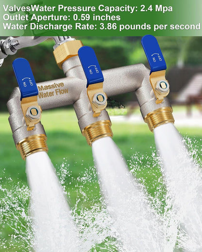 Garden Hose Splitter 3 Way Heavy Duty Brass Nickel Plated Hose Splitter with Large Handle, Full Flow Water Hose Spigot Splitter with Shutoff Valve, T Adapter Connector, 3/4 - Inch GHT Thread（Green）