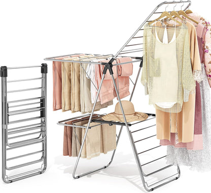 APEXCHASER Large Stainless Steel Clothes Drying Rack, Drying Rack Clothing with Height-Adjustable, Foldable Gullwings Laundry Rack, Indoor Outdoor Use, No Assembly,Black