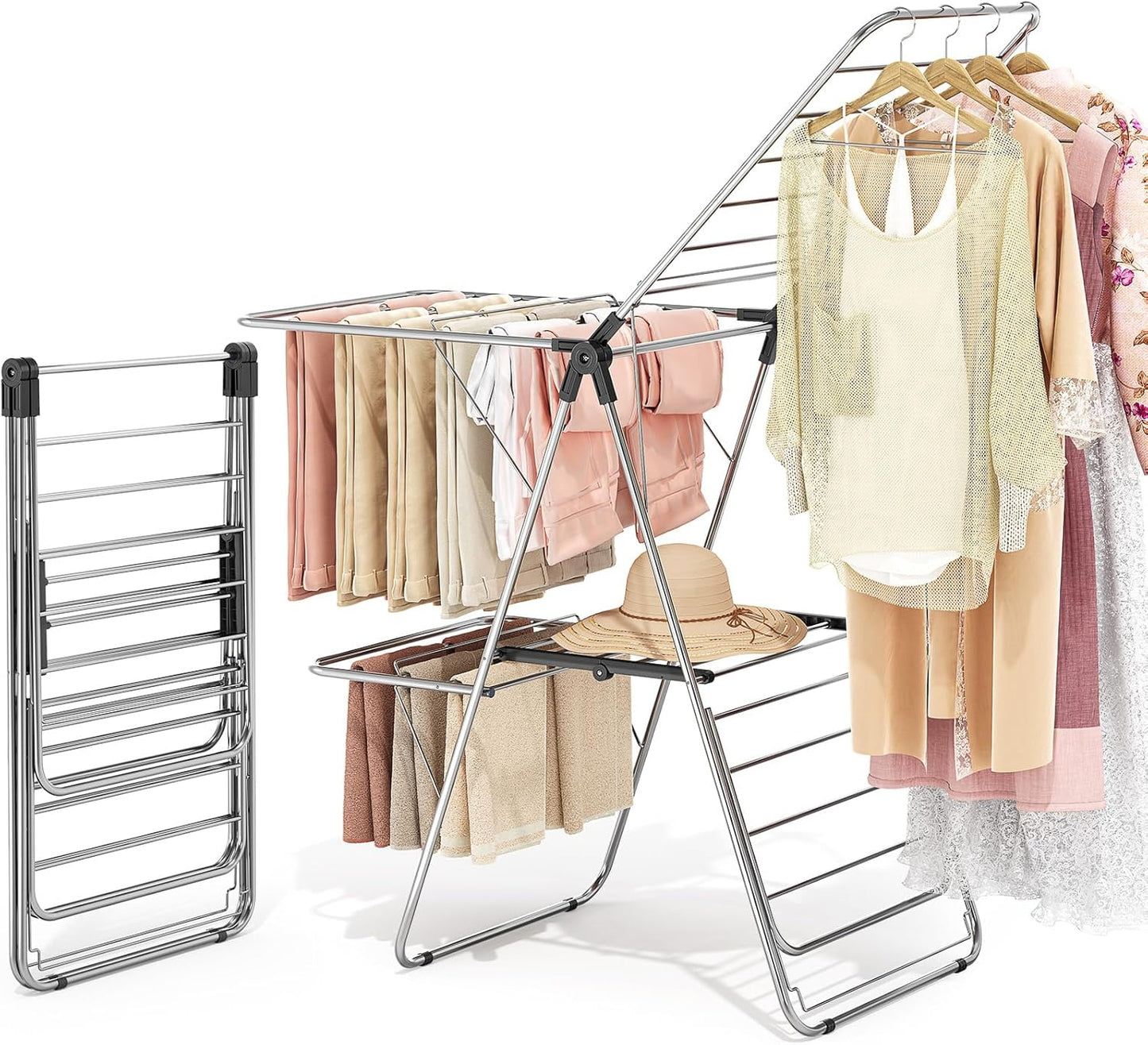 APEXCHASER Large Stainless Steel Clothes Drying Rack, Drying Rack Clothing with Height-Adjustable, Foldable Gullwings Laundry Rack, Indoor Outdoor Use, No Assembly,Black