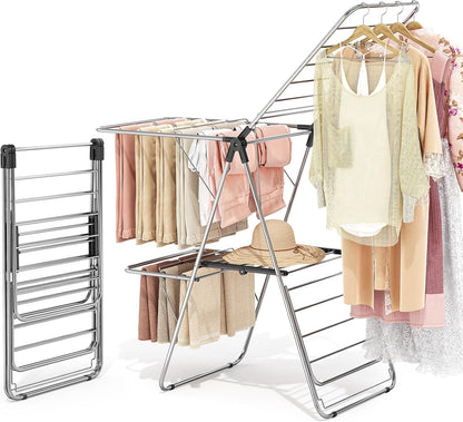 APEXCHASER Large Stainless Steel Clothes Drying Rack, Drying Rack Clothing with Height-Adjustable, Foldable Gullwings Laundry Rack, Indoor Outdoor Use, No Assembly,Black