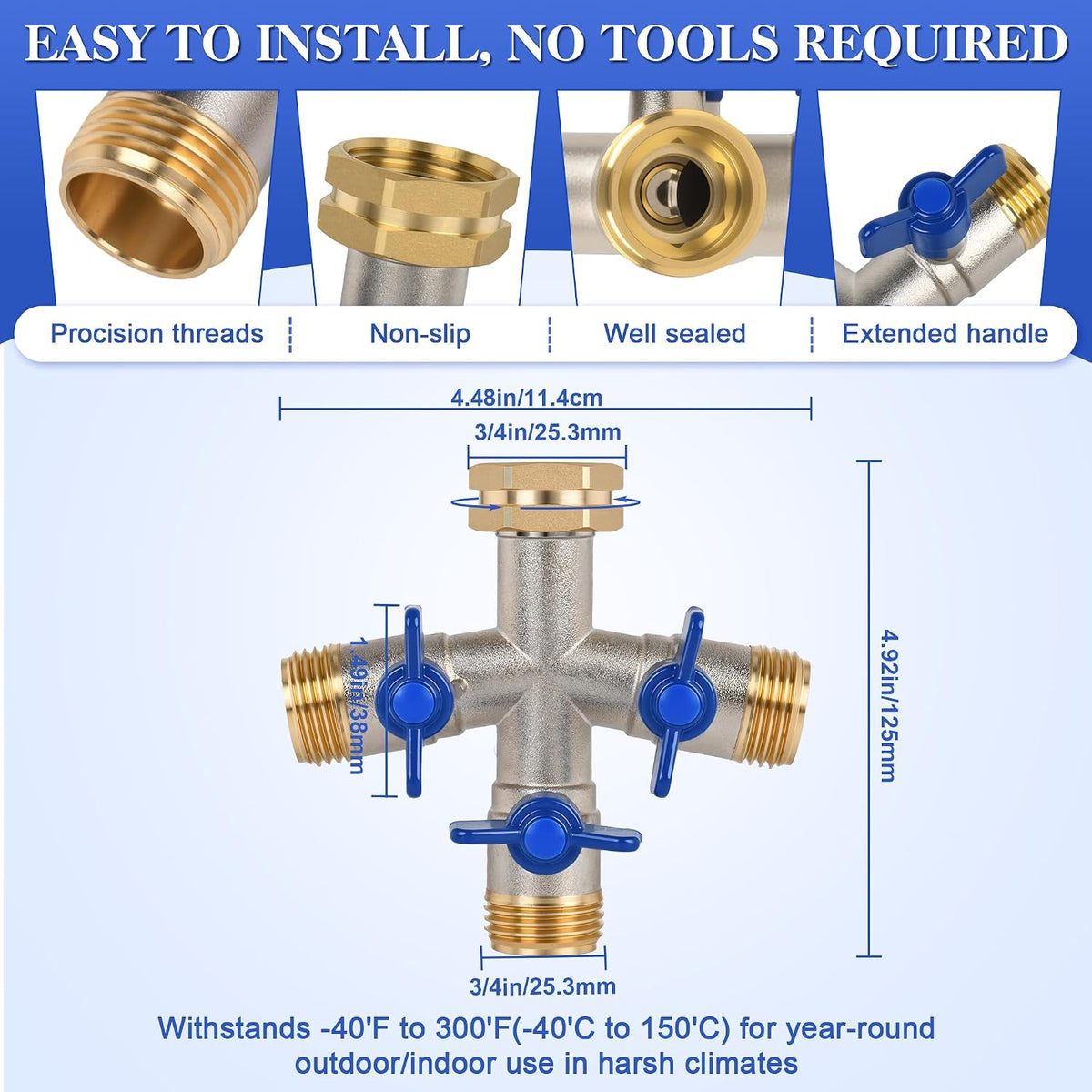 EJW Hose Splitter, 2 Way Hose Splitter, Garden Hose Splitters,Faucet Splitters, Outdoor Faucet Splitter, 2 Way Hose Connector,Brass Splitter, 3/4” GHT Threads.