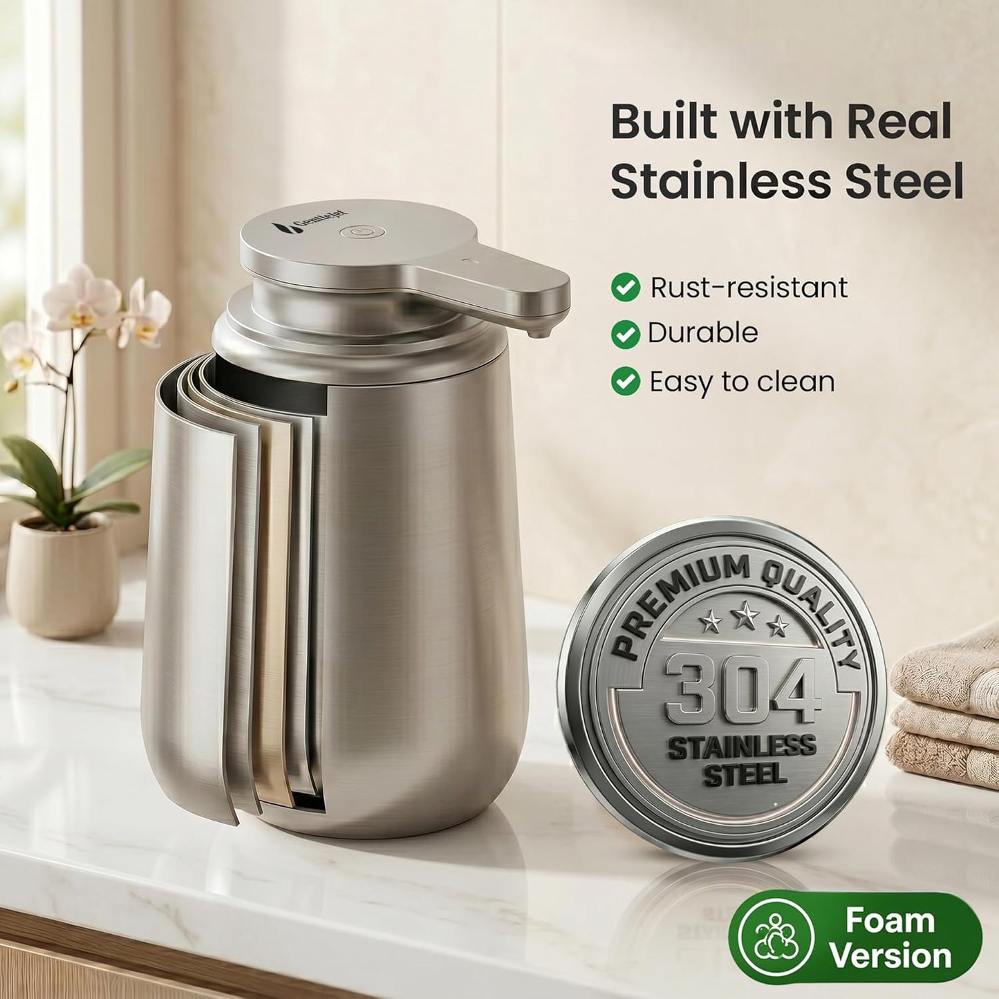 GentleJet NovaJet Automatic Foaming Soap Dispenser – Touchless Sensor, USB-C Rechargeable, 304 Stainless Steel, IPX5 Waterproof for Bathroom Kitchen Sink, 12 oz / 350 ml
