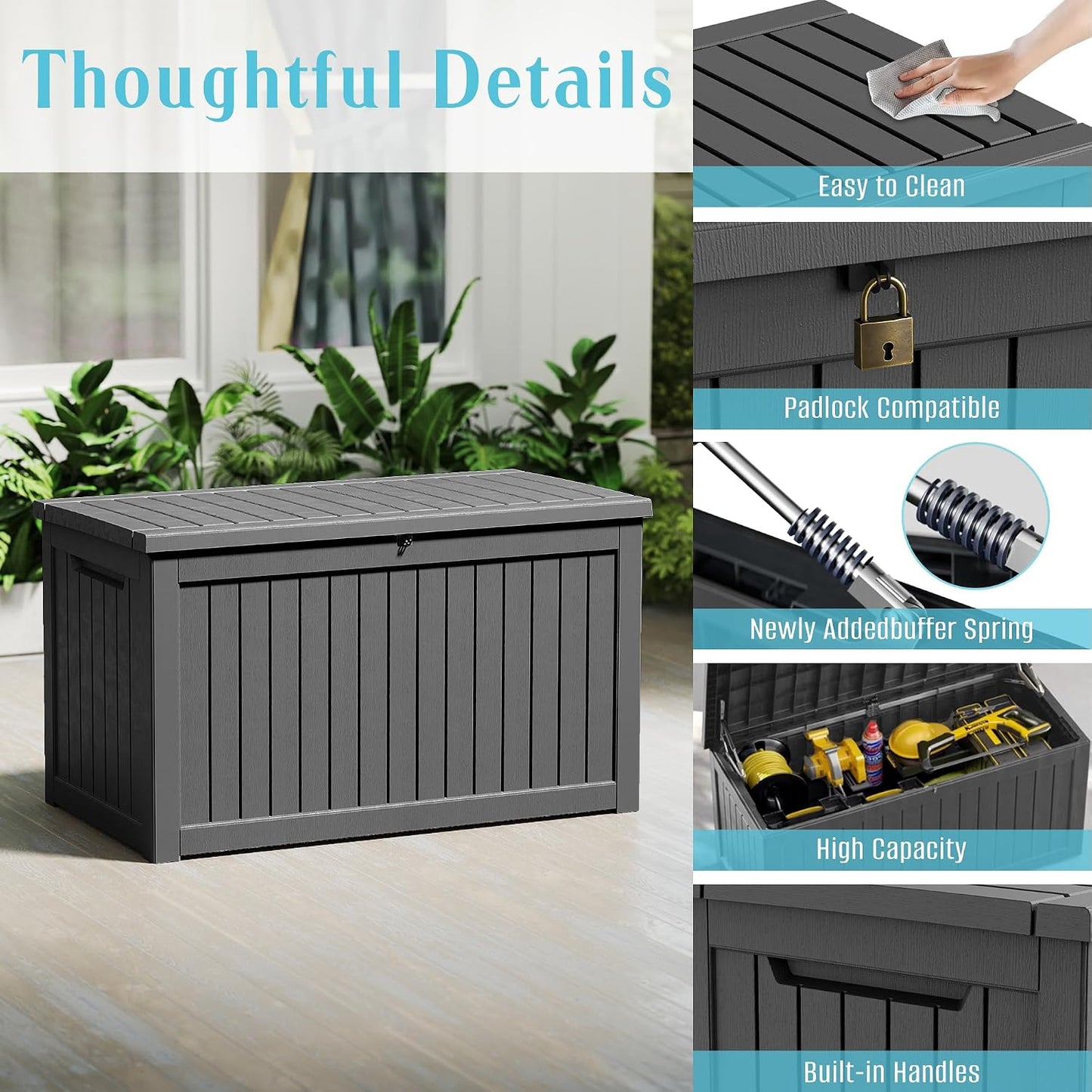 Outdoor Waterproof Resin Storage Deck Box Lockable Outside Bench UV Resistant Bin Patio Porch Furniture Pool Float Garden Tool Cushion (Black, 85 Gallon)