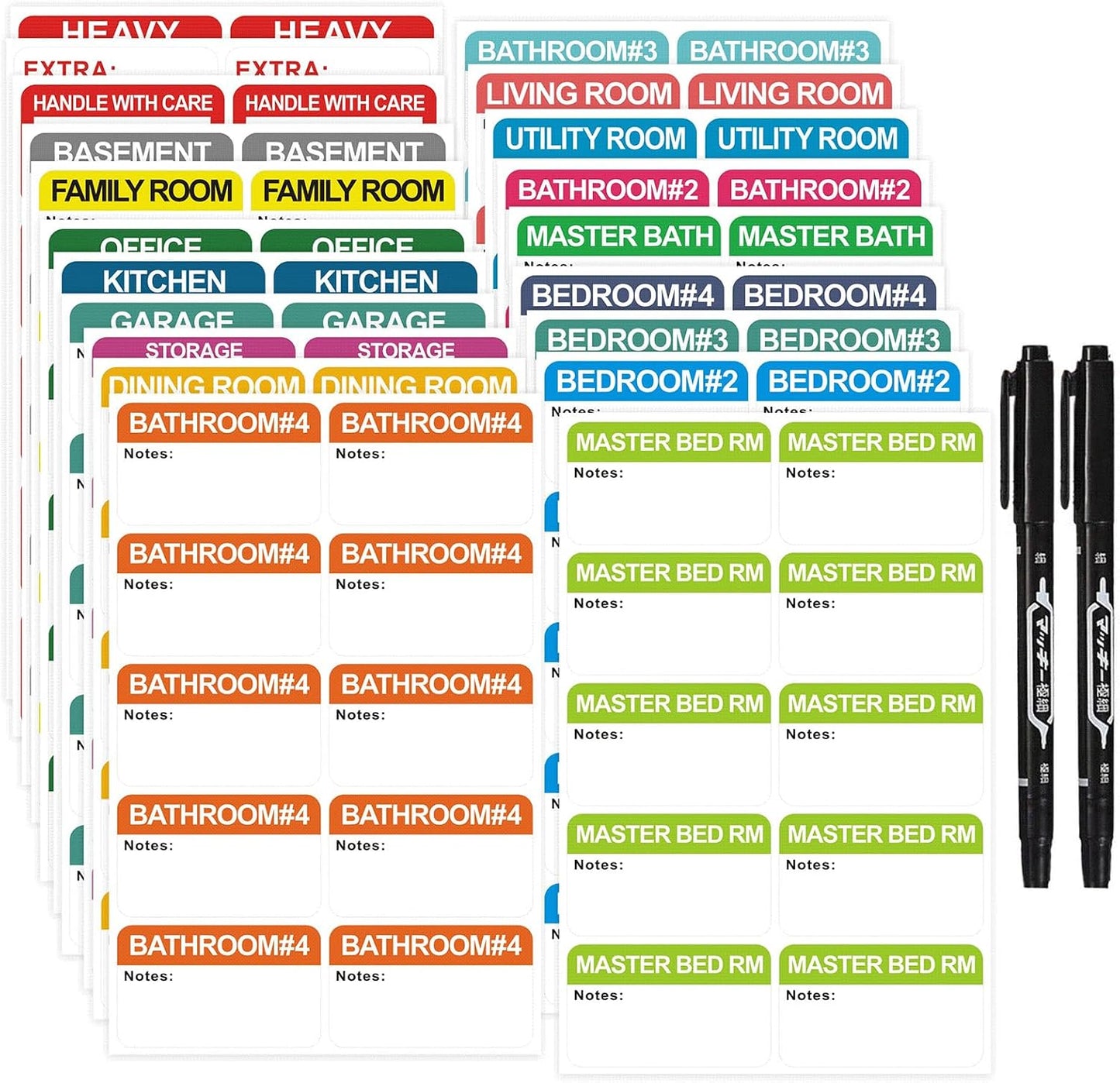 400 pcs 20 Designs Pre-Printed Color-Coded Home Moving Packing,PVC Material (Waterproof, Easy to Remove), 2 Pcs Markers Included in Set in Set, Each Measures 3” x 1.8”