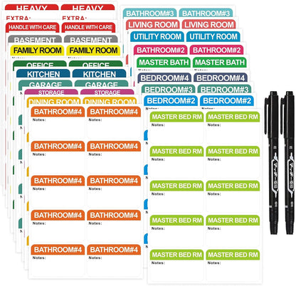 400 pcs 20 Designs Pre-Printed Color-Coded Home Moving Packing,PVC Material (Waterproof, Easy to Remove), 2 Pcs Markers Included in Set in Set, Each Measures 3” x 1.8”