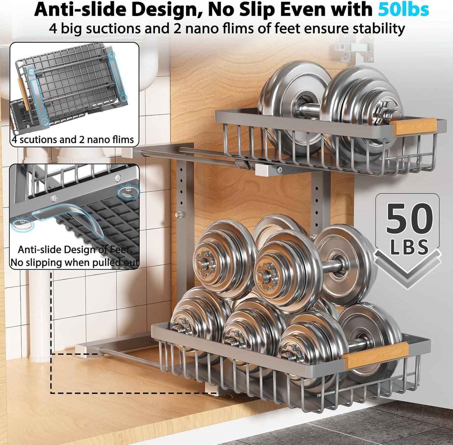 Liuoud Under Sink Organizer 2 Pack, 2 Tier Slide Out Large Capacity Height Adjustable Under Sink Organizers and Storage for Kitchen Bathroom Cabinet, White