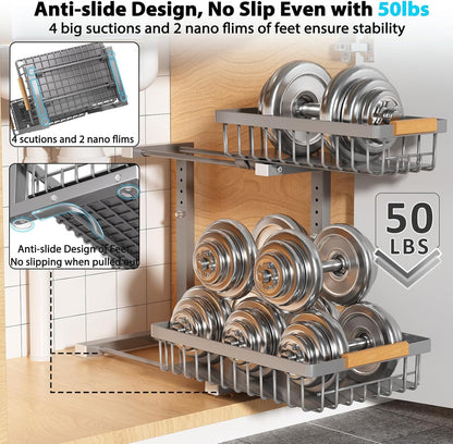 Liuoud Under Sink Organizer 2 Pack, 2 Tier Slide Out Large Capacity Height Adjustable Under Sink Organizers and Storage for Kitchen Bathroom Cabinet, White