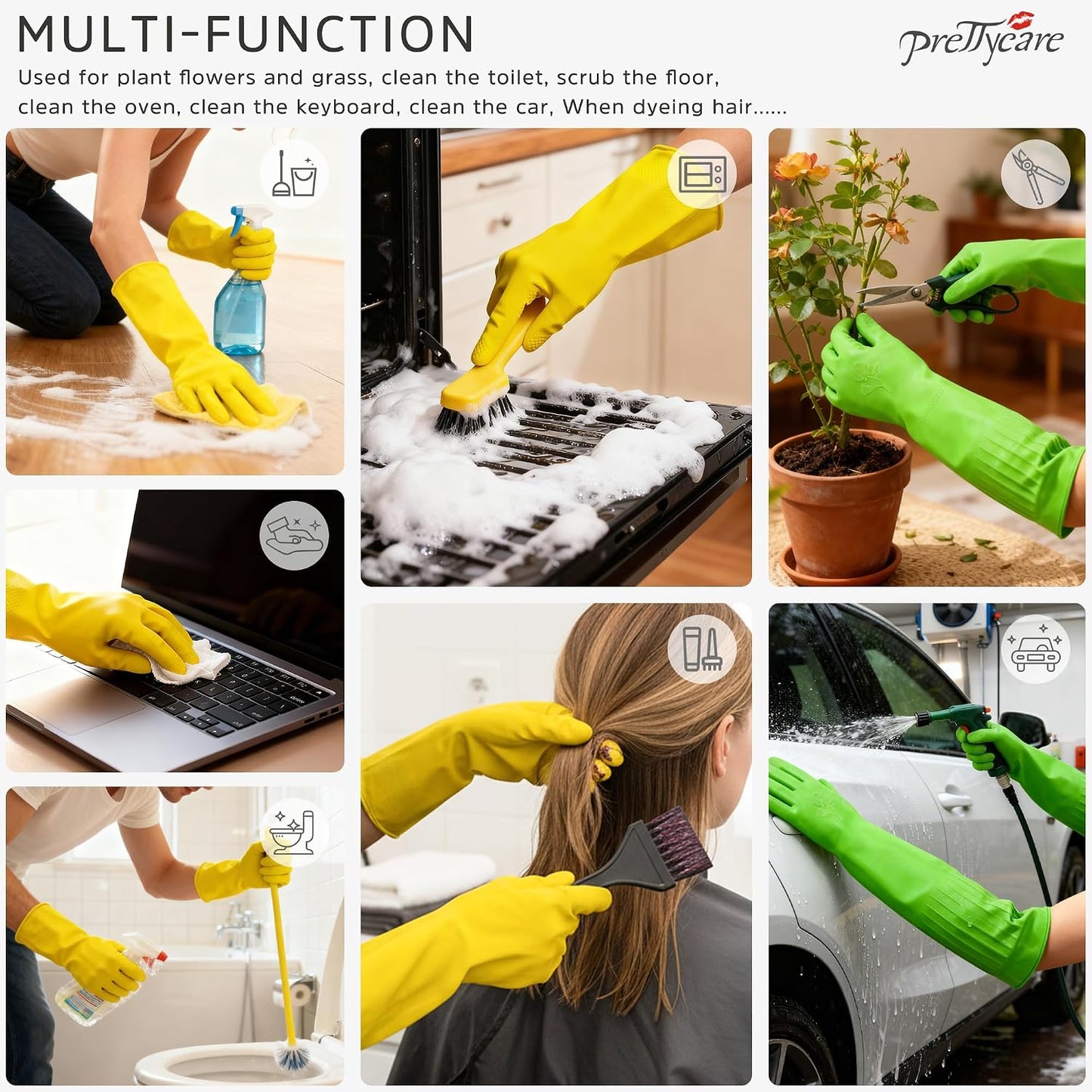 PrettyCare 2 Pairs Rubber Cleaning Gloves long & short for Household - Reusable Dishwashing Gloves for Kitchen, Flexible Long-lasting