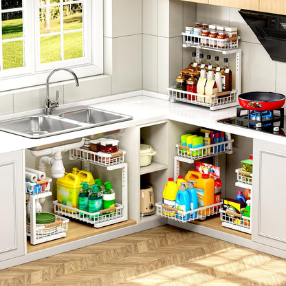 Under Sink Organizer, Pull Out Kitchen Storage Cabinet Organizer, 2-Tier Metal Slide Out Shelf for Bathroom Laundry Kitchen Storage with Drawers, 11.8"W x 15.9"D x 13.8-16.9"H, White, 2 Pack