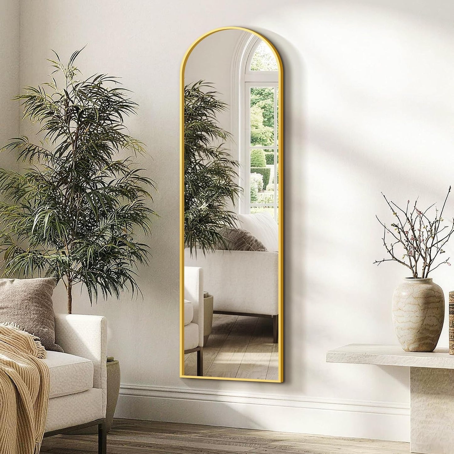 FICTOR Arched Full Length Mirror 15" x 56", Full Body Floor Mirror with Adjustable Stand, Free Standing Mirror with Aluminum Frame for Bedroom, Living Room, Cloakroom, Gold