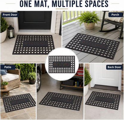 ROOM127 Outdoor Doormat 28.3 x 17.3 in, Rubber Scraper Entry Mat | Heavy Duty 3-Zone Cleaning, Absorbent Strips, Open Drainage, Non Slip Low Profile for Front Door, Patio, Garage & Mudroom