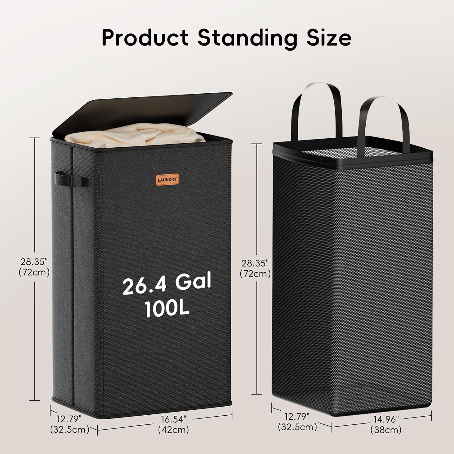 185L Laundry Hamper 3 Section, Laundry Hamper with Lid, Dirty Clothes Hamper with 3 Removable Washing Bags, Extra Large Laundry Basket Organizer for Bedroom, Laundry Room, Dorm - Black