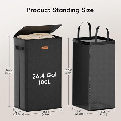 185L Laundry Hamper 3 Section, Laundry Hamper with Lid, Dirty Clothes Hamper with 3 Removable Washing Bags, Extra Large Laundry Basket Organizer for Bedroom, Laundry Room, Dorm - Black