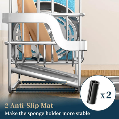 Consumest Sponge Holder for Kitchen Sink - Sink Caddy with Stainless Steel Self Drain Tray, Sink Organizer with High Brush Holder Countertop for Kitchen Sink Accessories, Black