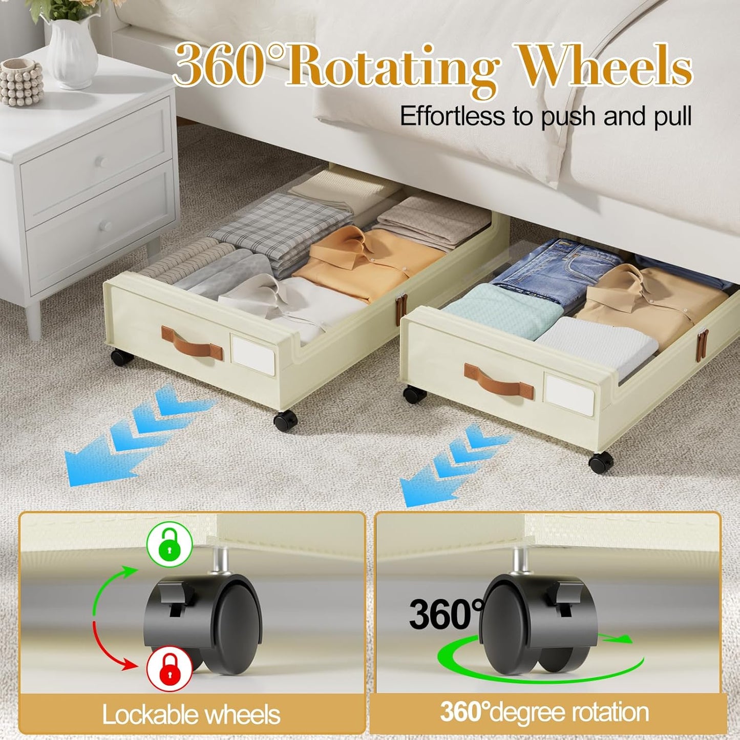 Yecaye Under Bed Storage with Wheels, 2 Pack Under the Bed Storage Containers with Lids & Label, XXL 60L Rolling Underbed Storage Drawers for Clothes, Blankets, Shoes, Black