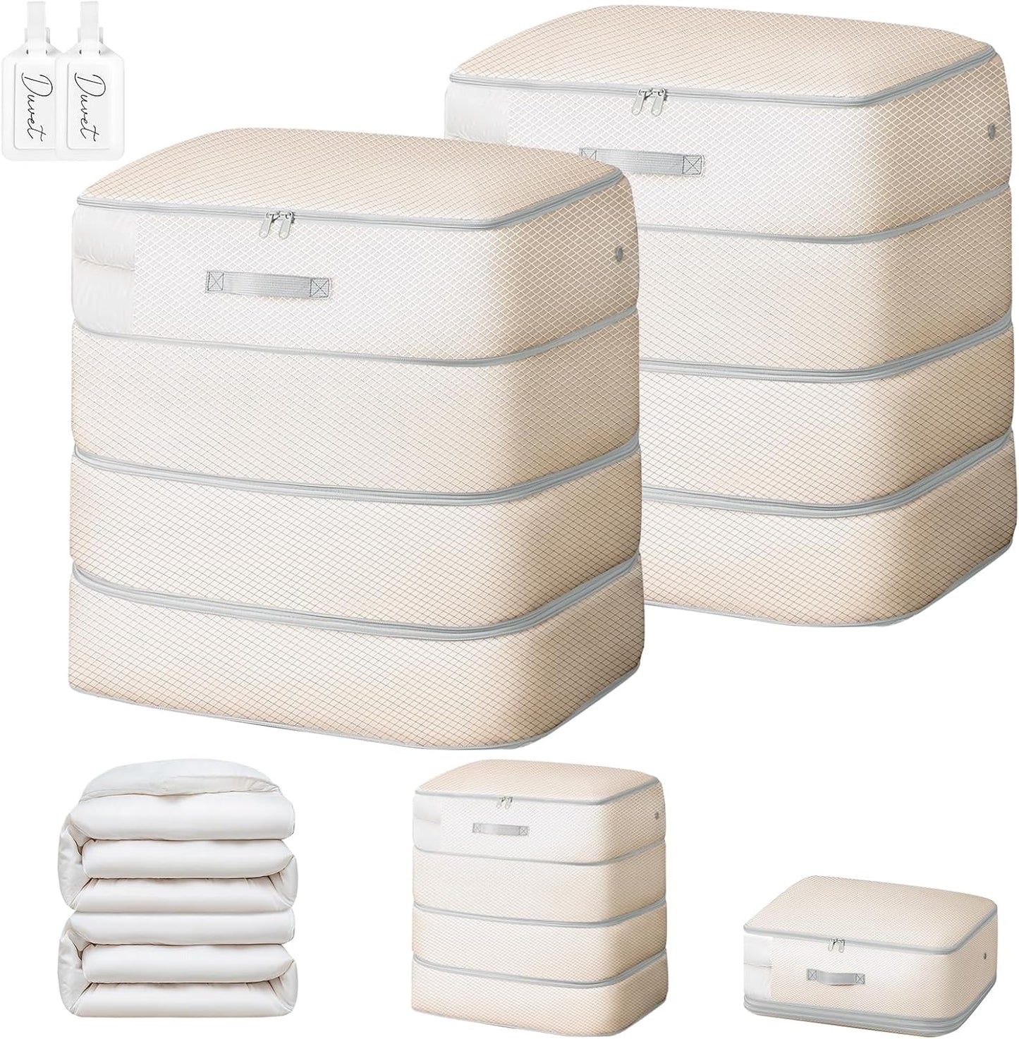 Comforter Storage Bag - Large Capacity Blanket Storage Bags 3-Layer Ultra Space Saving Self Compression Organizer, Washable Compression Bags for Storage Comforter Blanket, 2-Pack, Beige