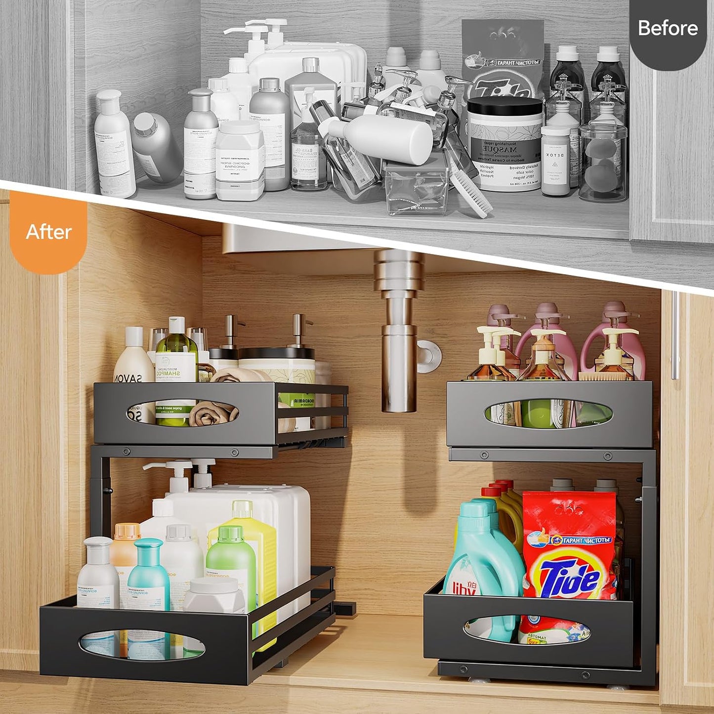 mixeshop Under Sink Organizer, 2 Tier Under Sink Organizers and Storage, Adjustable Height, Slide out Metal Cabinet Organizers, Pull out Cabinet Storage Drawer Shelf for Kitchen Bathroom (Black, 2)