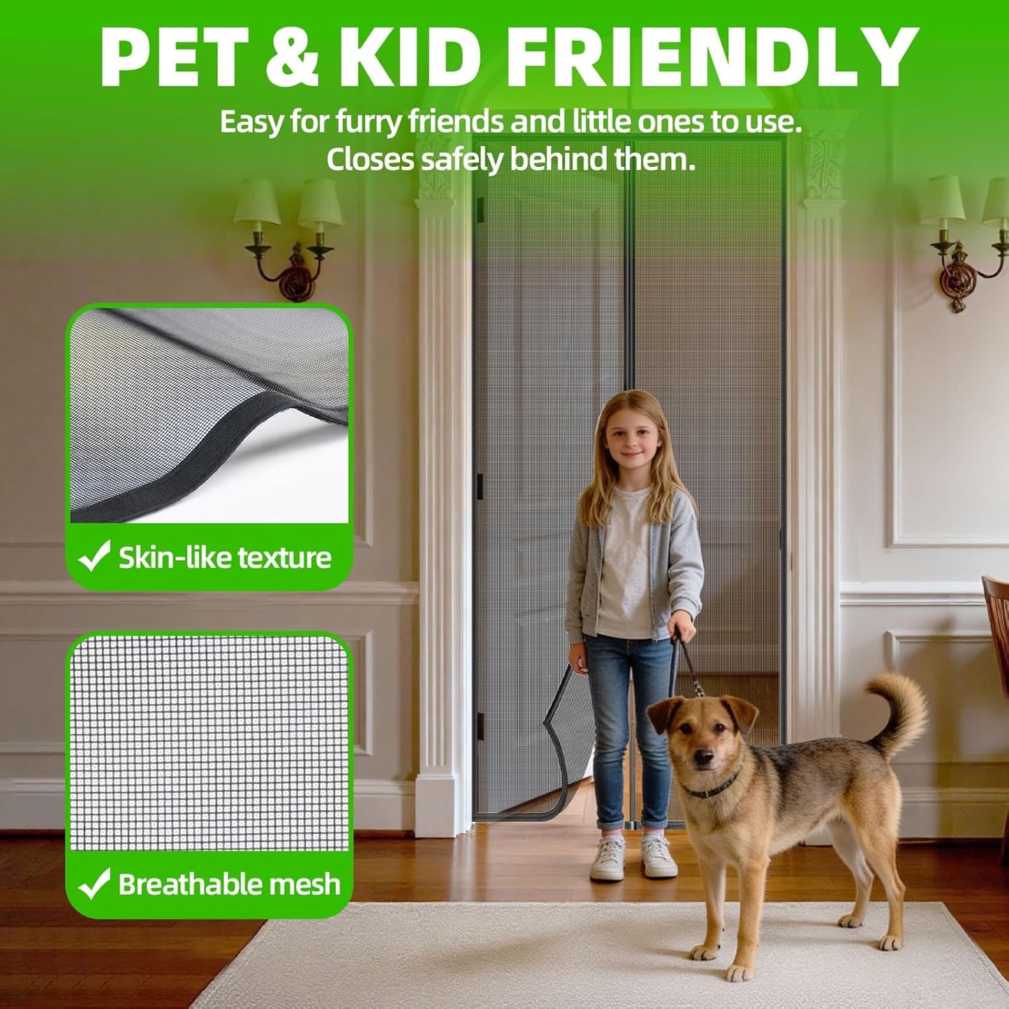 Magnetic Screen Door - 38"x83" Heavy Duty Mesh for Entry Front Back Patio Sliding Door, Self Sealing Hands Free, Bug Proof, Windproof Clips, No Drill Easy Install, Pet & Child Friendly, Black